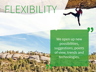 A woman is climbing a steep cliff. The text "Flexibility" appears.
